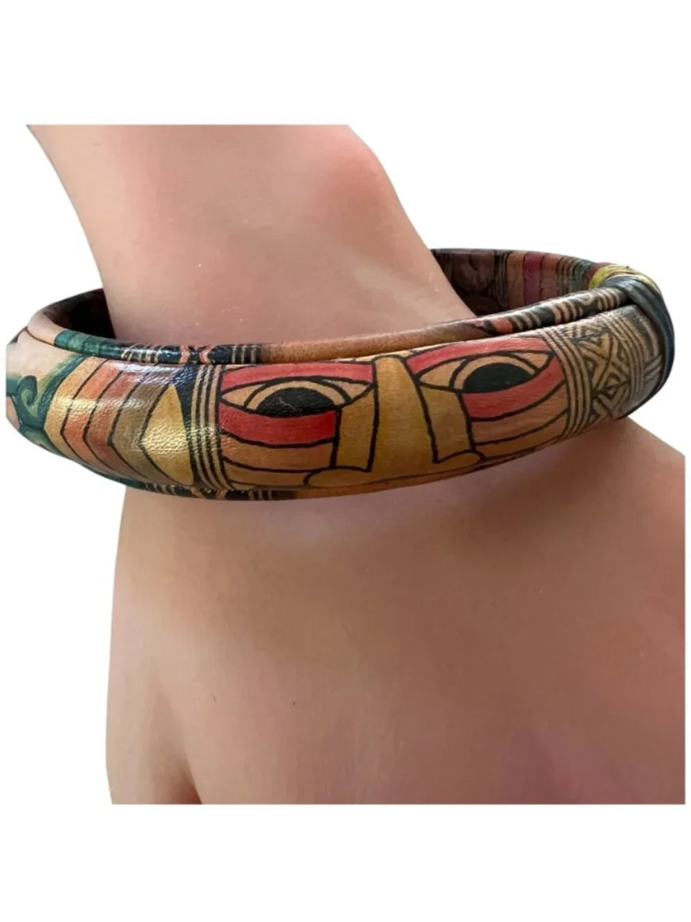 Handmade Leather Bangle, Indonesian Folk Art Bracelet, Tribal Indigenous Motif